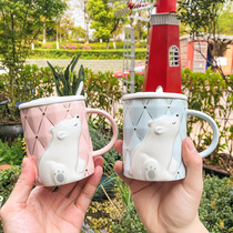 Cartoon relief bear ceramic cup with lid and spoon office tea coffee mug student couple cup