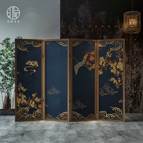 Modern Chinese solid wood carved screen partition decoration Living room entrance Hotel artistic conception Crane semi-transparent yarn mobile folding screen