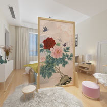 Chinese style solid wood screen porch partition living room hotel study semi-permeable yarn household screen rich peony