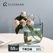 Nordic transparent glass bag vase Net red handbasket ornaments creative light luxury living room water raising flower arrangement decorations