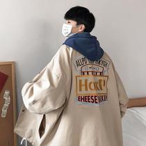 Mens Korean version of the trend casual loose jacket Hong Kong style embroidery overcoat handsome mens coat mens spring and autumn