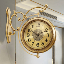 European brass double-sided wall clock home Modern American living room two-sided watch Villa atmospheric pure copper quartz clock