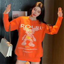 Orange bear cartoon sweater women wear gentle and lazy style autumn and winter American retro medium-long pullover sweater