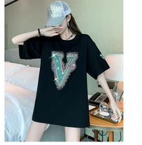 Laze Little Sister SI suit sharing Heavy Industry Ironing Drill V letter short sleeve T-shirt female spring summer new half sleeve blouse INS