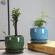 Jelly purple sand succulent plant ice crack color glaze ceramic flowerpot tray soil and water culture handmade flower