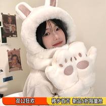 Cute rabbit ears hat scarf one female winter plush bear scarf winter warm gloves set of three