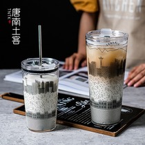 Large capacity water cup high temperature resistant straw glass glass with lid Net red high color value coffee cup milk tea cup household