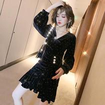 Heavy industry Diamond-folded lapel V-neck three-dimensional pleated ruffles velvet dress womens 2021 autumn and winter New
