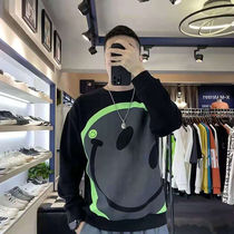 Smile face sweater men 2021 autumn and winter New lazy wind loose trend round neck print plus velvet long sleeve handsome