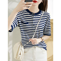 2022 New classic striped short sleeve foreign air needle weasel-jersey cardiovert woman summer thin dress with thin blouses
