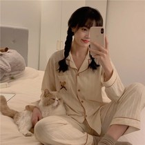 Cute Japanese bear female student pajamas long sleeve trousers lapel collar cardigan spring and autumn Cartoon Net red home clothing set