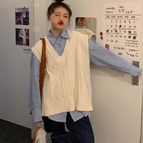 Spring V-neck solid color sweater vest female student Korean loose slim college style knitted vest shirt set