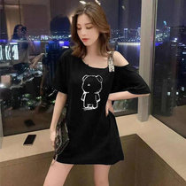 2021 summer new Korean version large size loose medium length off-shoulder top short-sleeved T-shirt womens undershirt missing T-shirt