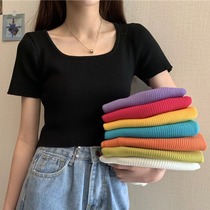 Foreign style square collar collarbone short-sleeved sweater womens summer 2021 new Korean slim slim short purple top