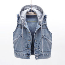 Spring and autumn Korean version of the wild hooded cowboy vest womens short hooded horse clip sleeveless vest jacket waistcoat top