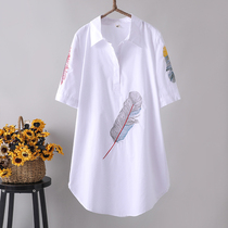 Summer large size shirt embroidery flower large size literary fan Short-sleeved shirt Womens base shirt Summer long top