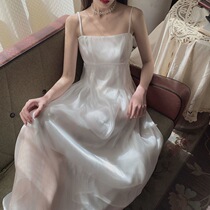 Gentle first love white suspender skirt 2021 summer new temperament high waist fairy dress long dress women