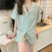 ins Sweet lace cotton plaid pajamas Womens summer short-sleeved shorts Korean version of home clothes two-piece suit students#