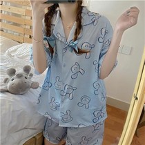  Summer ins cute cute blue rabbit print loose short-sleeved shorts pajama suit can be worn outside home clothes