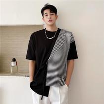 Summer Korean ins design sense suit collar color matching T sleeve male Ruffian matching plaid fake two half sleeve hair stylist