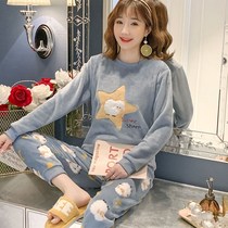 Autumn and winter flannel pajamas women long sleeve warm suit ladies cute cartoon padded coral fleece pajamas women winter