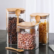 High borosilicate glass sealed jar with spoon bamboo lid moisture-proof dry goods storage jar kitchen food sealed household storage jar