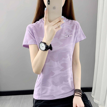Outdoor speed dry t-shirt women sports running fitness loose collar camouflage thin microbomb summer short sleeve fast dry dry dry dress