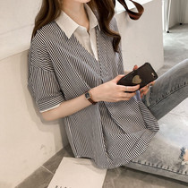 Summer 2021 new womens vertical stripe shirt womens short sleeve size loose Joker V-neck shirt Chiffon shirt