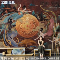 Chinese hand-painted retro abstract Dunhuang flying figure wallpaper living room TV background wallpaper seamless mural wall cloth