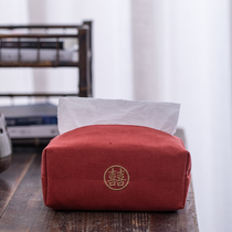Wedding festive embroidery word cloth art red tissue sleeve retro cotton linen paper towel bag tea table paper storage box customization