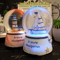 Sailing Lighthouse Mediterranean Style Crystal Ball Music Box Rotating Music Box Children Christmas Birthday Gift