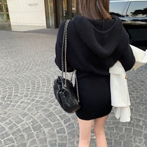 2021 new autumn and winter hooded knitted high waist small sexy waist temperament thin hip sweater dress women