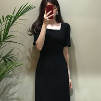 Heart machine small black dress Hepburn style one-word square collar black dress summer waist thin temperament French retro skirt