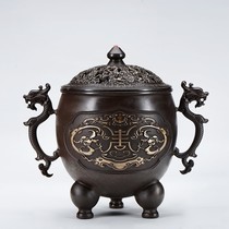 Pure copper incense burner Fushou Dragon ear extra-large sandalwood stove household incense burner antique incense burner ornaments