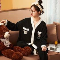 Close your eyes ~ huge age slimming cartoon bear pajamas female spring and autumn cotton cute loose V collar two-piece set