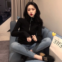  Ice silk knitted black long-sleeved t-shirt womens spring and summer 2021 new top large size design sense niche ins Korean version