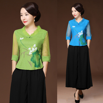 Women's Tang style short sleeve improved fashion mother suit Republic of China Women's Chinese style cheongsam top women's Cotton hemp T-shirt