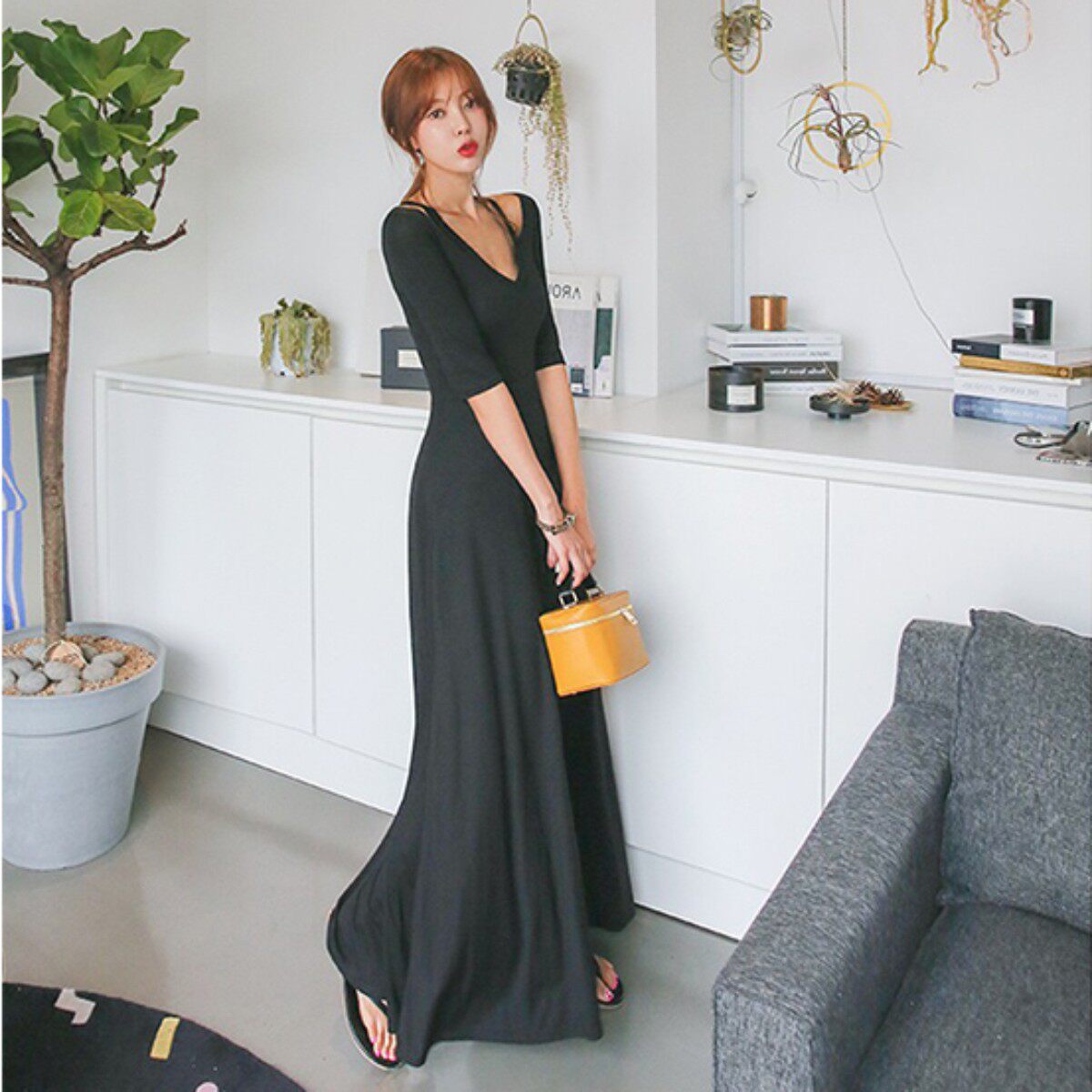 又是一年夏过小腿莫代尔v领拖地长裙女 修身百搭中袖大摆裙连衣裙