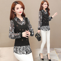 2020 popular women's clothing new spring fake two-piece printed shirt wild mother covering belly and waist slimming top