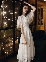 Small evening dress female 2020 new banquet temperament white lace mid-length simple and generous dress can be worn usually