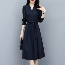 Dress female 2021 spring new elegant temperament waist slim long V collar long sleeve chiffon base skirt tide