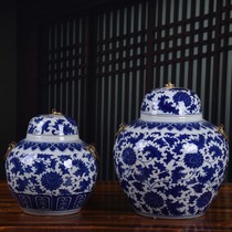Ceramic storage jar blue and white general jar tangled lotus tea pot creative vintage Puer tea jar sealed large medicine jar