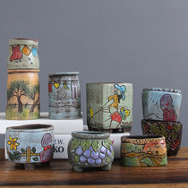 Hand-painted fleshy flower pot ceramic creative stone flower square pot rough pottery root control cute thumb basin control type old pile Basin