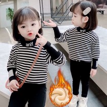 Children plus velvet autumn and winter thick warm coat girl foreign high collar baby winter plus velvet striped base shirt long sleeve