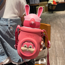 Childrens thermos cup female cute high-value Primary School straw water Cup portable anti-fall baby 316 Cup