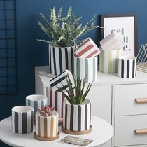 Nordic ins ceramic round hand painted flowerpot with tray fleshy green plant foliage plant pot stripe indoor flowerpot