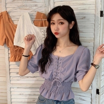  Short shirt womens design sense niche shirt summer 2021 new waist drawstring bubble short-sleeved purple top women