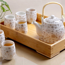 Free bamboo tray Jingdezhen ceramic tea set Household set of Kung fu modern simple teapot tea cups 6 packs