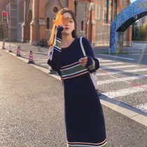 2021 autumn and winter New Joker knit dress female temperament slim foreign style knee striped sweater skirt long