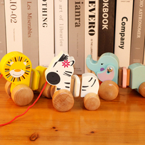  Childrens wooden cartoon animal draw rope fun rope pull toy car baby drag toddler early education puzzle 1-2 years old
